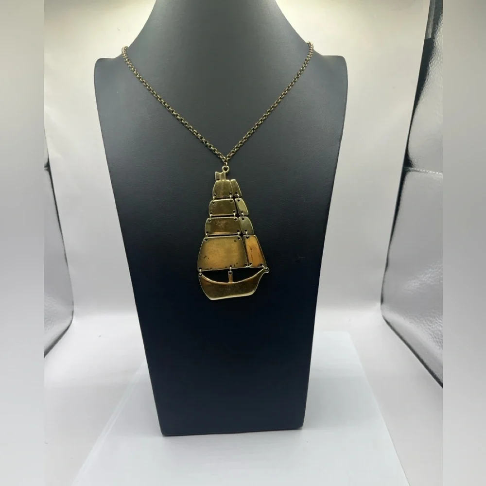 Nautical Ship Boat Brass Pendant  Necklace Oversized Articulated Ship - Picture 3 of 15